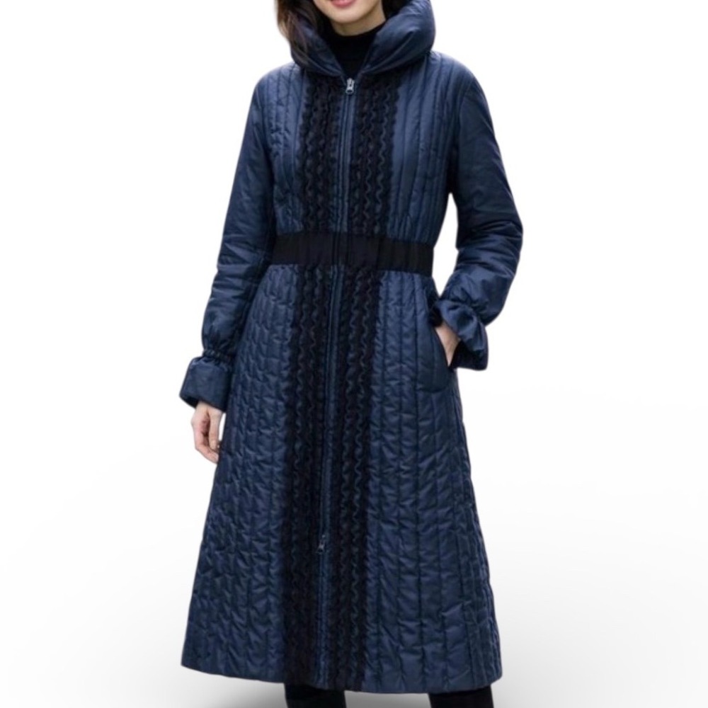 SunaUna Japanese Designer Quilted Long Coat Navy Black Fitted Puffer Coat Size 4